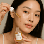 A Korean woman applying Beauty of Joseon Glow Serum to her face using a dropper, showcasing the serum’s glowing texture and skin-enhancing effect.