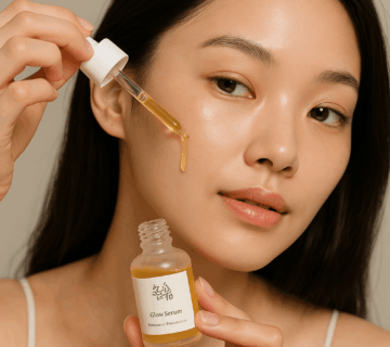 A Korean woman applying Beauty of Joseon Glow Serum to her face using a dropper, showcasing the serum’s glowing texture and skin-enhancing effect.