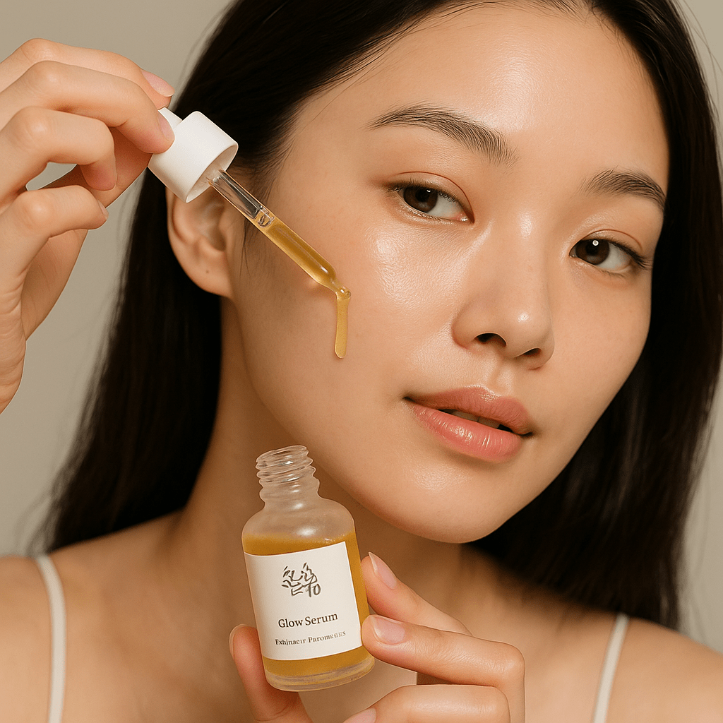 A Korean woman applying Beauty of Joseon Glow Serum to her face using a dropper, showcasing the serum’s glowing texture and skin-enhancing effect.