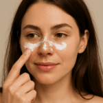 Gorgeous brunette applying cream to her nose to treat nose blackheads using a Korean skincare routine.