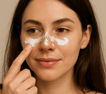 Gorgeous brunette applying cream to her nose to treat nose blackheads using a Korean skincare routine.