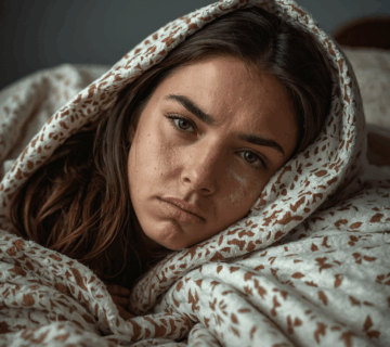 Woman with dry, flaky skin around nose and lips wrapped in a blanket, representing discomfort from dry skin needing the best moisturiser for face.