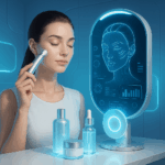 A woman using futuristic skincare technology with smart mirror diagnostics and glowing skincare products.