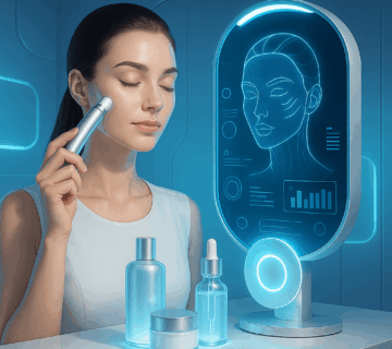 A woman using futuristic skincare technology with smart mirror diagnostics and glowing skincare products.