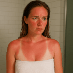 Woman with visible sunburn and sharp white tan lines after a shower in a bathroom, highlighting skin damage from sun exposure.