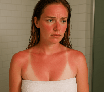 Woman with visible sunburn and sharp white tan lines after a shower in a bathroom, highlighting skin damage from sun exposure.