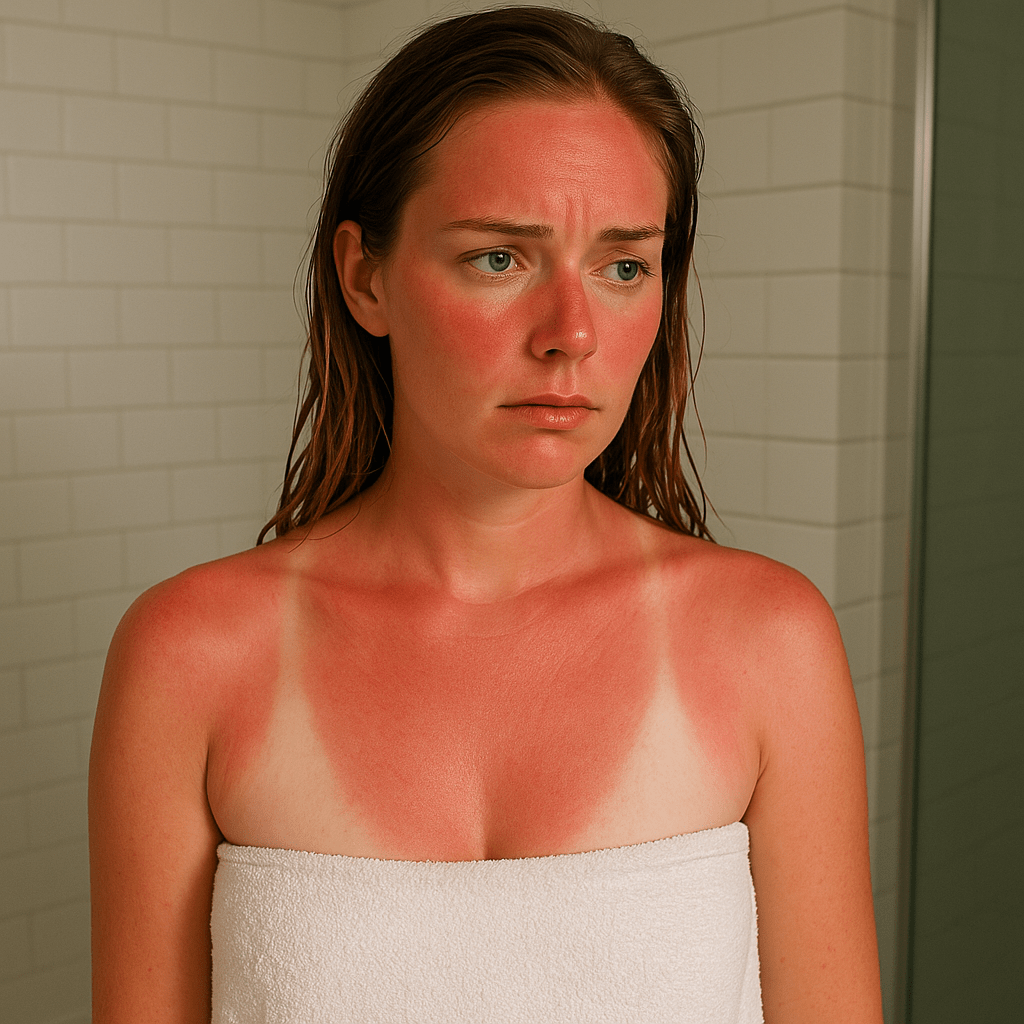 Woman with visible sunburn and sharp white tan lines after a shower in a bathroom, highlighting skin damage from sun exposure.