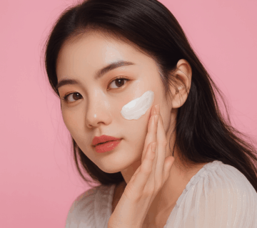 Woman applying face cream as part of a Korean skincare routine, showing healthy glowing skin.