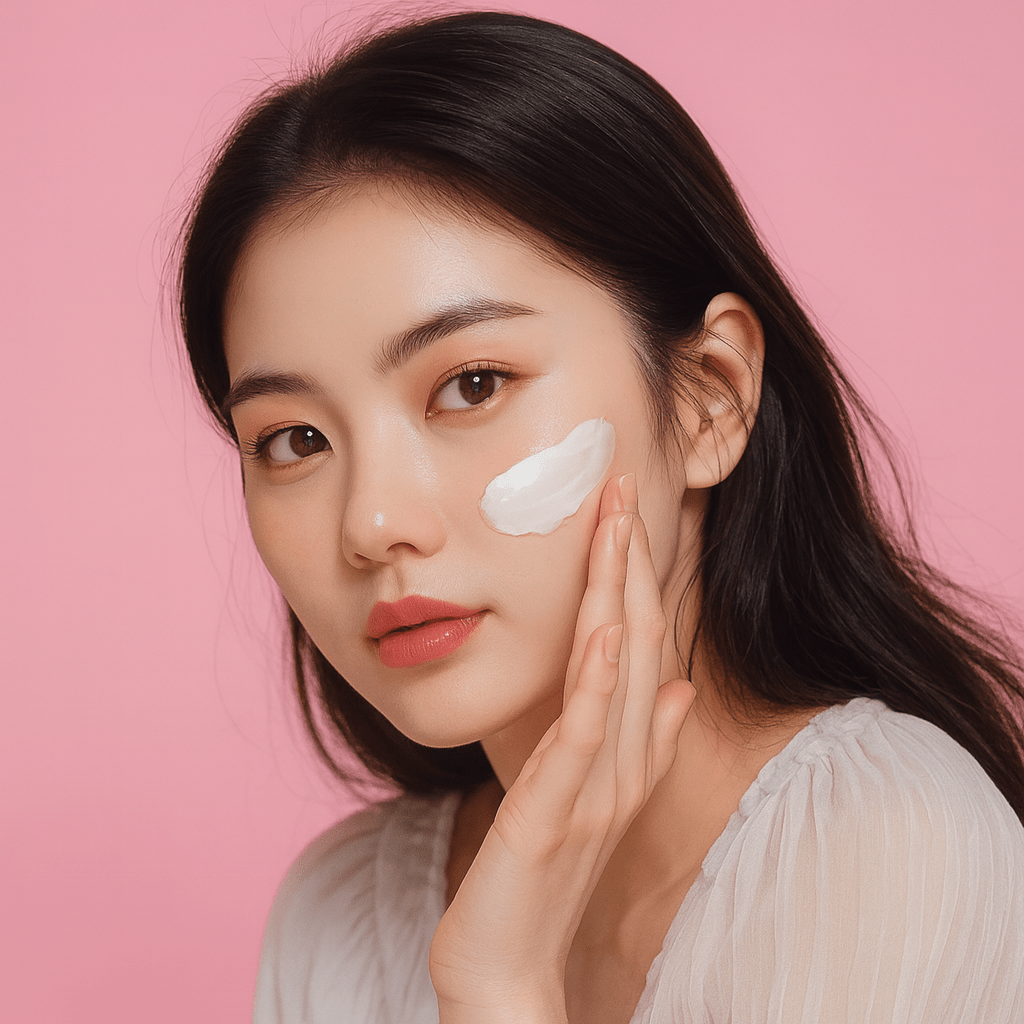 Woman applying face cream as part of a Korean skincare routine, showing healthy glowing skin.