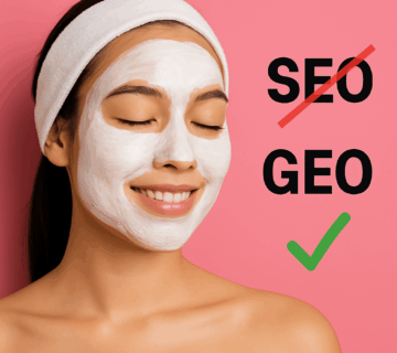 Smiling woman with a skincare mask against a pink background, symbolizing the shift from SEO to GEO for brands in skincare marketing.