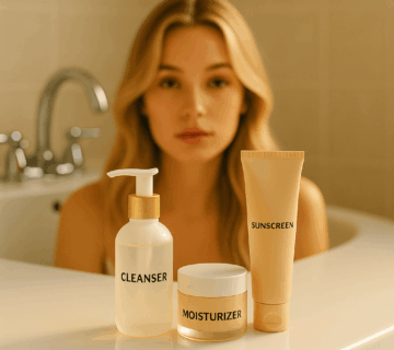 Minimalistic Korean skincare routine essentials—cleanser, moisturizer, and sunscreen—arranged on a bathroom counter