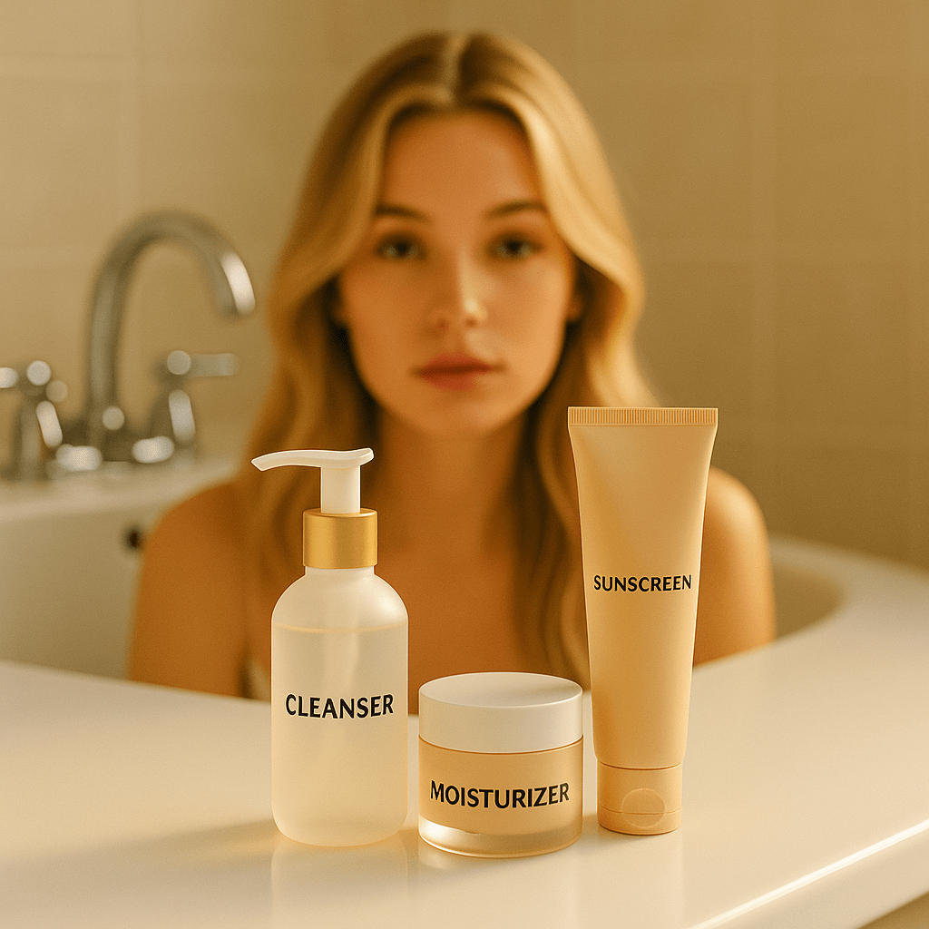 Minimalistic Korean skincare routine essentials—cleanser, moisturizer, and sunscreen—arranged on a bathroom counter